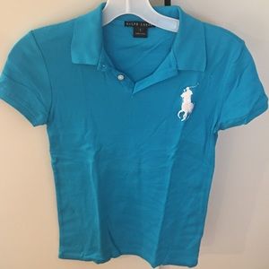 RALPH LAUREN BLACK LABEL BRIGHT BLUE POLO SHIRT OVERSIZE WHITE LOGO S - LIKE NEW